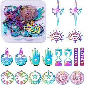 COGCHARGER 18Pcs Sun Star Moon Phase Evil Eye Charms Stainless Steel Rainbow Charms Filigree Metal Embellishments for Jewelry Bracelets Necklace Making DIY Craft Supplies