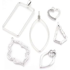 Pandahall 30pcs Antique Silver Alloy Open Bezel Charms Pendants 25.5-73.5x22.5-39x1.5-3mm Tibetan Style Hollow Mould Charms with Loop for Jewelry Making