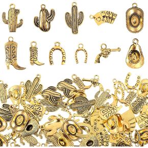 100 Grams Western Cowboy Charms, Antique Gold Alloy Mixed Bulk Silver Cowboy Boot Hat Pendants for Jewelry Making Necklace Earrings Bracelet Keychain Jewelry Making DIY Craft Findings