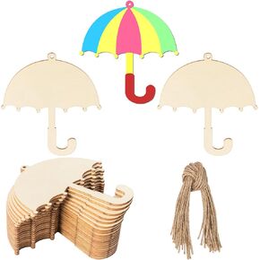 Umbrella Shape Wooden Blank Wood with Twines Art Unfinished Ornaments for Christmas Wedding Birthday Party Christmas Thanksgiving Day Decoration 20Pcs