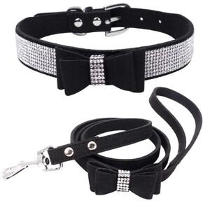 Rhinestone Dog Collar + Leash Set for Small Pet Cat Puppy Collar Cute Dazzling Sparkling Velvet Leather Pink XS