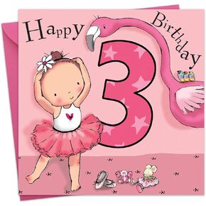 Twizler 3rd Birthday Card for Girl with Pink Ballerina - Girls Age 3 Year Old Childrens Happy Birthday Card
