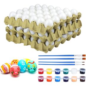 Fovths 90 Pieces White Plastic Eggs Easter Eggs Unpainted Fake Eggs with Paper Tray Brushes and Paints for Crafts Easter Hunts Basket Fillers Easter Gift and Party Favors