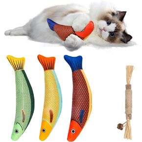 Catnip Cat Toys, 4 Pack, Fish Shaped Chew & Kick Exercise Toys with Textured Tails, 8.1 Inches Interactive Plush for Indoor Kittens, Multi Cat, and All Breeds