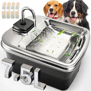 7.5L/254oz Dog Water Fountain with 4 Filters, Stainless Steel Pet Water Dispenser for Large Dogs, Large Automatic Dog Water Drinking Fountain Dog Water Bowl Dispenser, Easy to Clean, Quiet Pump