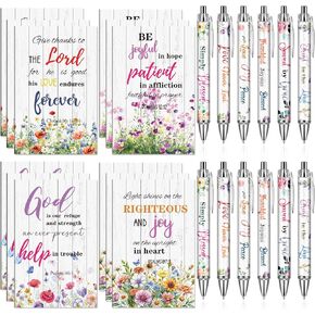 Christian Notebooks and Pens Set - 24 Pcs Scripture Ballpoint Pens and Bible Notepads Set Flower Religious Inspirational Christian Gift Bulk for Pastor Women Sunday School Teacher
