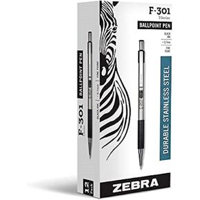 Zebra F-301 1.0mm Stainless Steel Ballpoint Pen - Black (Box of 12)