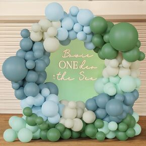 130Pcs Sage Green Dusty Blue Balloon Garland Arch Kit, with Pastel Green Blue and Sand White Balloons, for Ocean Theme Beach Theme Dinosaur Themed Baby Shower, Birthday Party Decorations
