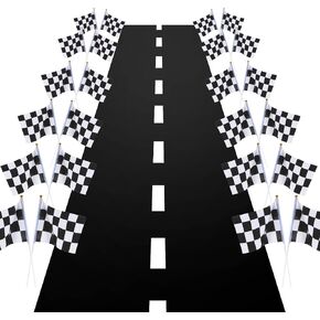 13 Feet Long Racetrack Floor Running Mat (2ft Wide) and 12 Pieces Checkered Black and White Racing Flag for Two Fast Birthday Decorations Race Car Road for Race Car Birthday Party Supplies