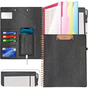Leather Spiral Padfolio, Padfolio for Men with clipboard, with a Mirror, 5 Folders with 10 Pockets, Portfolio Binder, Clipboard with Storage, Spiral clipfolio with Elastic Strap - Black (Rose Gold)