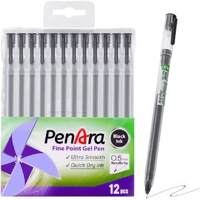 PenAra Black Gel Ink Ballpoint Pens, 0.5mm Needle Tip, Christmas Pens for Kids, Used to Crafting, Drawing - 12 Pack