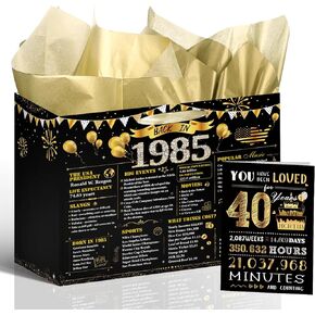 Black Gold 50th Birthday Gift Bag - Wixben Vintage Back in 1975 Birthday Decorations, Large Wrapping Bag with Handle Tissue Paper Greeting Card for 50 Year Old Women Men, 50th Birthday Party Supplies