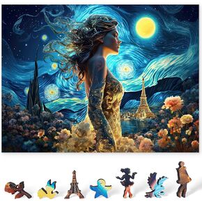 Wooden Jigsaw Puzzle 450 Pieces – Luna’s Dream Wooden Puzzles for Adults – Vibrant Wooden Puzzles with Unique Pieces – Wood Puzzle Set with Poster, Frame, Stickers for Wall Art Decor