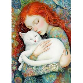 Keyifa Diamond Art Kits Woman و Cat Diamond Painting للبالغين ، تدريبات كاملة من الجولة الكاملة ، ونقاط الماس القديمة ، لوحة فسيفساء للمبتدئين ، حرفة فنية DIY لتديين الجدار المنزلي 30x40 سم