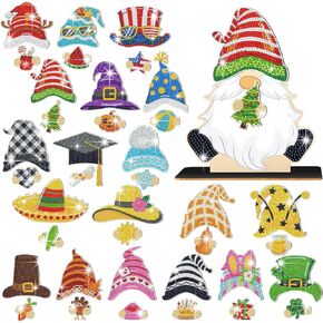 Yalikop 40 Pcs Diamond Painting Interchangeable Gnome Decor Diamond Art Gnome Sign DIY Holiday Seasonal Decor Desktop Ornaments for Autumn Home Tiered Tray Decoration