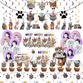 96Pcs Cat Birthday Party Supplies, Kitten Birthday Decorations Includes Plates, Napkins, Table Covers, Cake Toppers, Balloons, Cat Banners, Swirls for Meow Kitty Theme Birthday Party Supplies