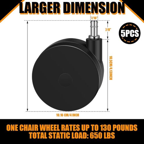 5 Pcs 4'' Extra Large Chair Wheels for Carpet Heavy Duty Office Twin Chair Casters Replacement 7/16 x 7/8 Grip Ring for Furniture Hardwood Floor Computer Desk Safe Rotating Wheels(Black) in Kuwait