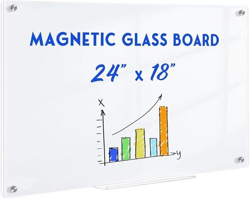 Magnetic Glass Whiteboard, 24" x 18" Dry Erase Board for Wall, Frameless White Board with 1 Marker Tray and 3 Magnets for Office, Home, Classroom -Ultra White in Kuwait