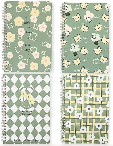 4 Pack Cute A5 Spiral Notebooks Kawaii Flower & Bear Journals, 8.3" x 5.9" Thick Plastic Hardcover Lined Paper Notebook Gift Notepad Diary for Kids Girls Teens Women (Green) in Saudi Arabia