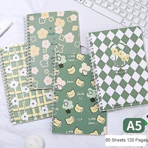 4 Pack Cute A5 Spiral Notebooks Kawaii Flower & Bear Journals, 8.3" x 5.9" Thick Plastic Hardcover Lined Paper Notebook Gift Notepad Diary for Kids Girls Teens Women (Green) in Saudi Arabia