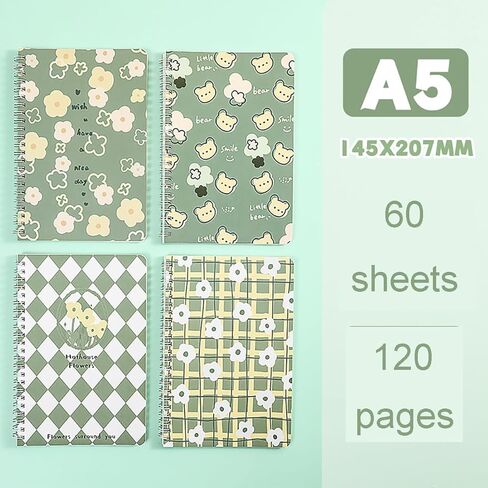 4 Pack Cute A5 Spiral Notebooks Kawaii Flower & Bear Journals, 8.3" x 5.9" Thick Plastic Hardcover Lined Paper Notebook Gift Notepad Diary for Kids Girls Teens Women (Green) in Saudi Arabia