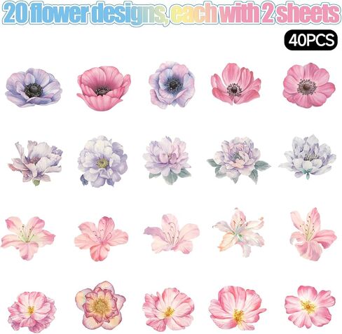 مجموعة ملصقات زهرية من 40 قطعة - وردة شفافة ، ثلاثية الأبعاد ، شارات جدار الفينيل المقاومة للماء لديكور المنزل و Scrapbooking in Kuwait