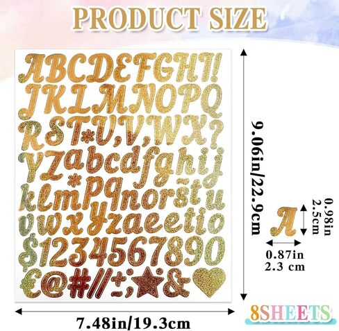 8 أوراق ملصقات حروف الذهب بريق 1 بوصة ملصقات أبجدية ذهبية وعدد ملصقات الفينيل لرسالة الأبجدية اللمعان لارتفاع الحرف اليدوية. in Kuwait