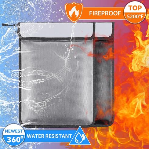 2 Pcs 5200°F Upgraded Fireproof Document Bag, Fire and Water Resistant Bag with Zipper for Documents, 15 x 11 Inch Waterproof Fireproof Money Bag for Important Document Storage Organizer(Black&Gray) in Saudi Arabia