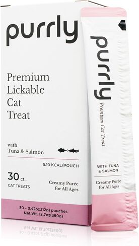 Purrly Hydrating Wet Cat Treat Snack Topper Creamy Purée Human-Grade Chicken Breast & Salmon with Omega-3 & 6 for Skin & Coat (30 Count) Healthy Lickable Squeeze Soft Snack in Saudi Arabia