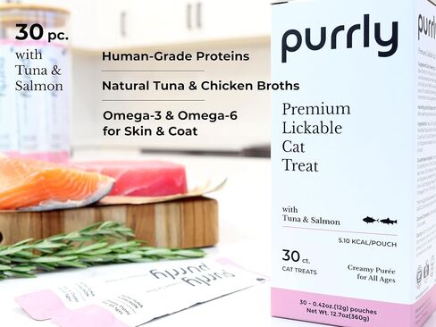 Purrly Hydrating Wet Cat Treat Snack Topper Creamy Purée Human-Grade Chicken Breast & Salmon with Omega-3 & 6 for Skin & Coat (30 Count) Healthy Lickable Squeeze Soft Snack in Saudi Arabia