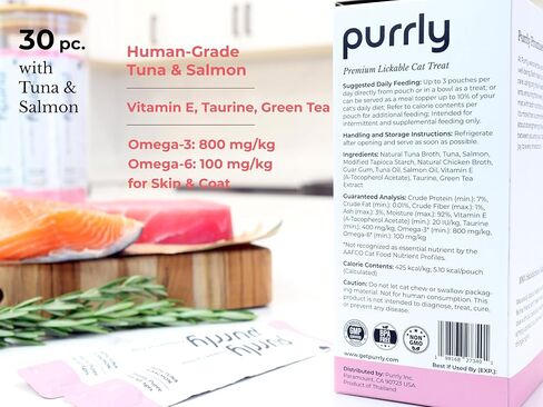 Purrly Hydrating Wet Cat Treat Snack Topper Creamy Purée Human-Grade Chicken Breast & Salmon with Omega-3 & 6 for Skin & Coat (30 Count) Healthy Lickable Squeeze Soft Snack in Saudi Arabia