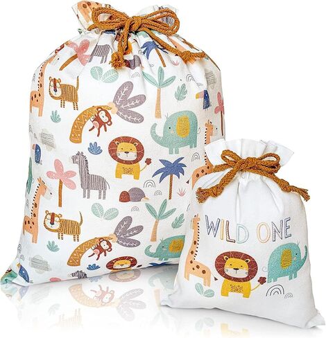 Gather & Knot Drawstring Gift Bags | 20" Large 12" Small | Premium Canvas | Reusable Fabric Wrap for Gender Neutral Baby Shower or Kids Birthday | Jungle Safari Gift Bags in Kuwait