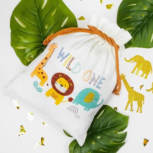 Gather & Knot Drawstring Gift Bags | 20" Large 12" Small | Premium Canvas | Reusable Fabric Wrap for Gender Neutral Baby Shower or Kids Birthday | Jungle Safari Gift Bags in Kuwait