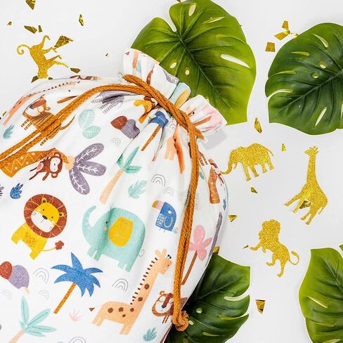 Gather & Knot Drawstring Gift Bags | 20" Large 12" Small | Premium Canvas | Reusable Fabric Wrap for Gender Neutral Baby Shower or Kids Birthday | Jungle Safari Gift Bags in Kuwait