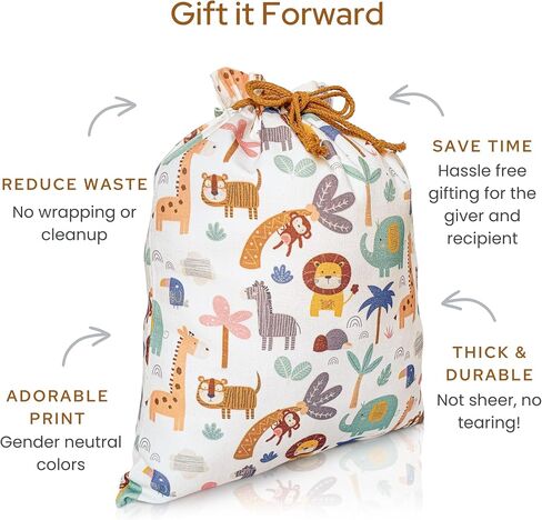 Gather & Knot Drawstring Gift Bags | 20" Large 12" Small | Premium Canvas | Reusable Fabric Wrap for Gender Neutral Baby Shower or Kids Birthday | Jungle Safari Gift Bags in Kuwait