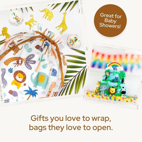 Gather & Knot Drawstring Gift Bags | 20" Large 12" Small | Premium Canvas | Reusable Fabric Wrap for Gender Neutral Baby Shower or Kids Birthday | Jungle Safari Gift Bags in Kuwait