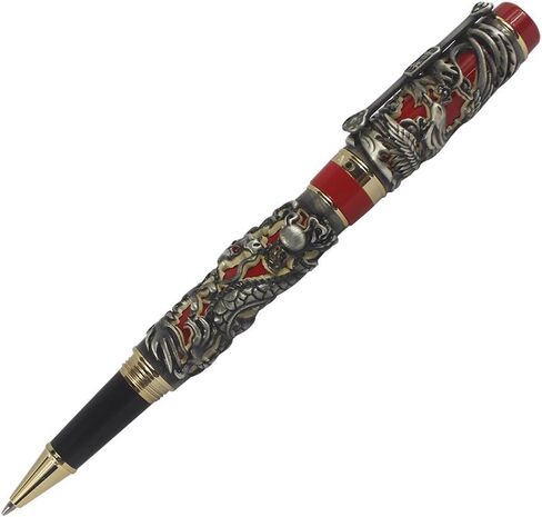 Jinhao Rollerball Pen Dragon/Loong & Phoenix Antique Silver and Red Screw Cap in Kuwait