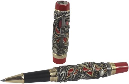 Jinhao Rollerball Pen Dragon/Loong & Phoenix Antique Silver and Red Screw Cap in Kuwait