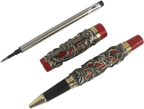 Jinhao Rollerball Pen Dragon/Loong & Phoenix Antique Silver and Red Screw Cap in Kuwait
