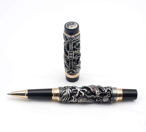 Jinhao Rollerball Pen Dragon/Loong & Phoenix Antique Silver and Red Screw Cap in Kuwait