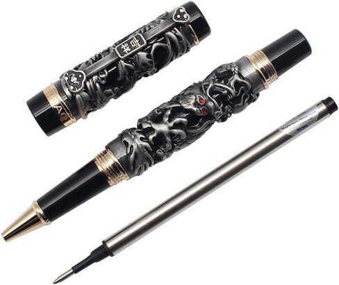 Jinhao Rollerball Pen Dragon/Loong & Phoenix Antique Silver and Red Screw Cap in Kuwait