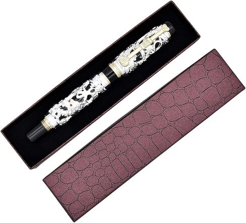 Jinhao Rollerball Pen Dragon/Loong & Phoenix Antique Silver and Red Screw Cap in Kuwait