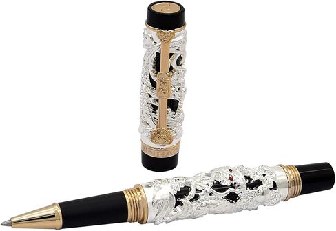 Jinhao Rollerball Pen Dragon/Loong & Phoenix Antique Silver and Red Screw Cap in Kuwait