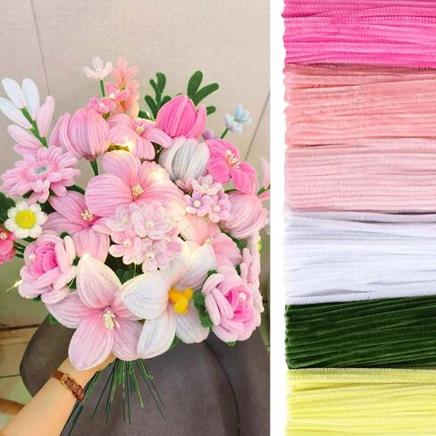 Peryiter 500 قطع منظفات الأنابيب ينبع Chenille 12 بوصة لوازم الحرف الكبرى للفنون الفنية والحرف الحرفية زخارف التغليف الهدايا الإبداعية (زهرة وردية ، 12 بوصة) in Kuwait