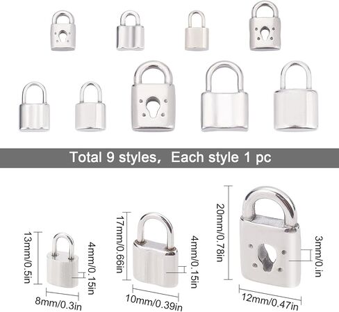 SUNNYCLUE 1 Box 9 Styles Silver Lock Charms Stainless Steel Padlock Pendants Mini Hollow Key Hole Lock Metal Charm for Valentine's Day Gifts Necklaces Earrings DIY Crafts Making Supplies in Saudi Arabia