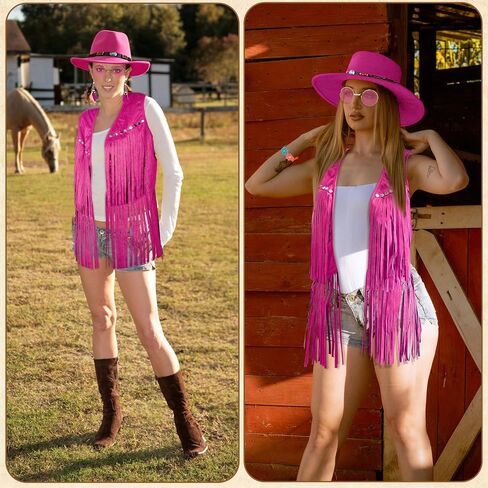 6 PCS Cowgirl Outfits Set for Women with Cowgirl Vest Cowboy Hat Turquoise Trim Bracelet Sunglasses for Halloween in Saudi Arabia