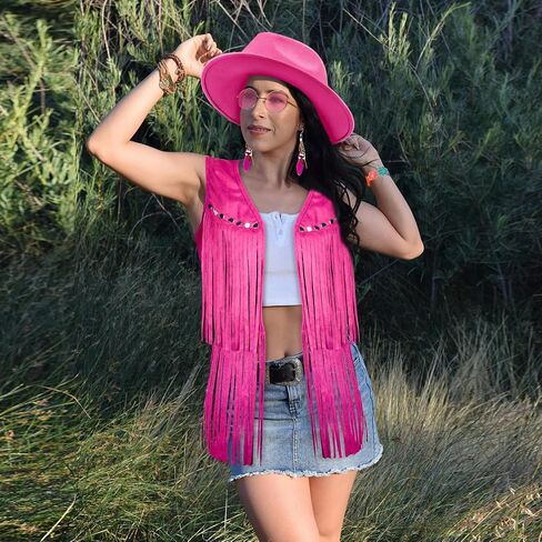 6 PCS Cowgirl Outfits Set for Women with Cowgirl Vest Cowboy Hat Turquoise Trim Bracelet Sunglasses for Halloween in Saudi Arabia