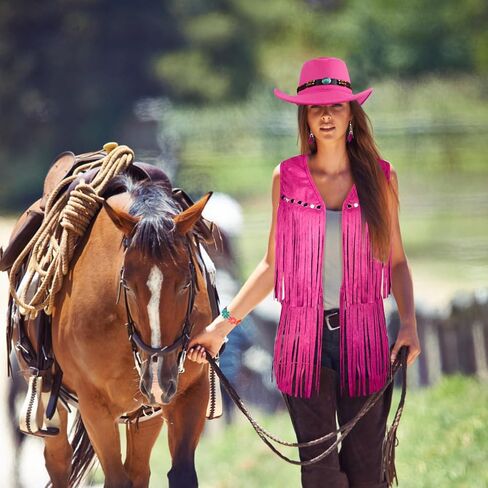 6 PCS Cowgirl Outfits Set for Women with Cowgirl Vest Cowboy Hat Turquoise Trim Bracelet Sunglasses for Halloween in Saudi Arabia