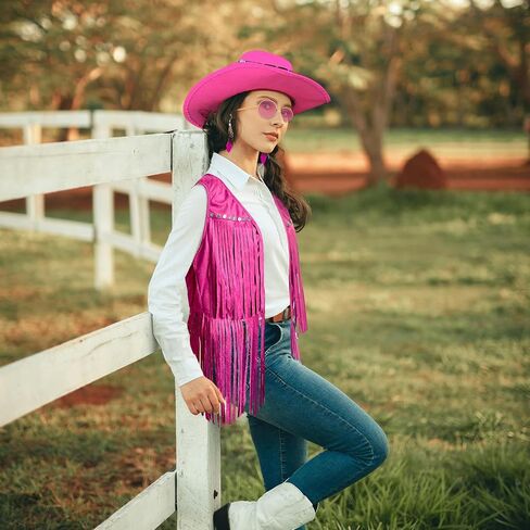 6 PCS Cowgirl Outfits Set for Women with Cowgirl Vest Cowboy Hat Turquoise Trim Bracelet Sunglasses for Halloween in Saudi Arabia