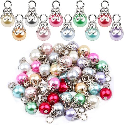 BronaGrand Crystal Dangle Pearl Charms Crackle Glass Drop Beads Pendants Charms with Filigree Flower Caps for DIY Earrings Necklace Bracelet Jewelry Making,10 Colors in Saudi Arabia